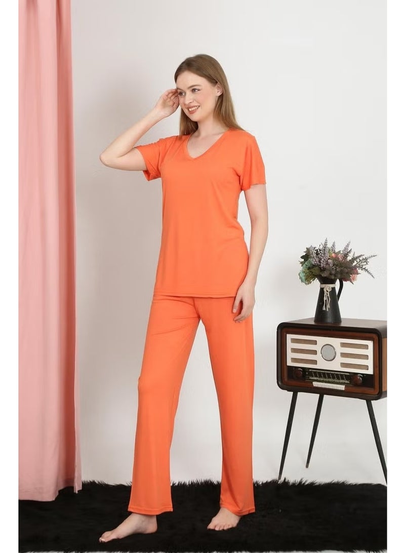 Akbeniz Women's Short Sleeve Cotton Combed Pajama Set Orange 4213 - Image 3